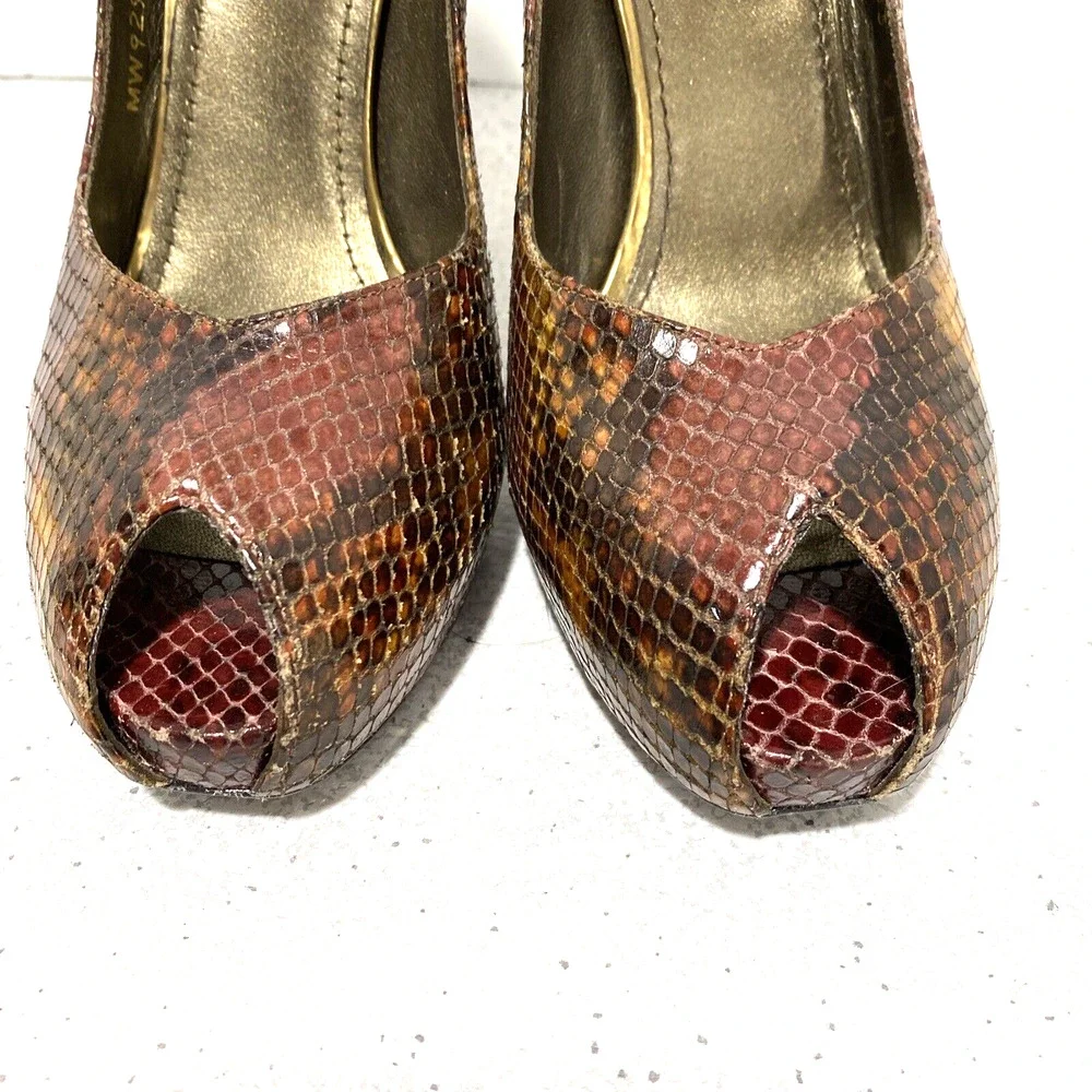 Stuart Weitzman 'Victoria' Brown Python high heel platform peep toe pumps US 9M